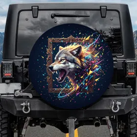 Snarling Wolf Head Geometric Burst Ornate Frame - Wildlife Lover Gift, Adventure Gear Spare Tire Cover