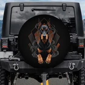 Alert Black Rust Tan Doberman Pinscher Head Forepaws Geometric Smoke - Dog Lover Gift Spare Tire Cover