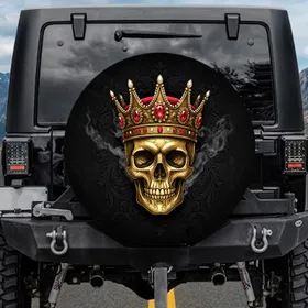 Ornate Golden Skull Crown Ruby Jewels Baroque Scrolls Gothic Filigree - Dark Fantasy Fan Gift Spare Tire Cover