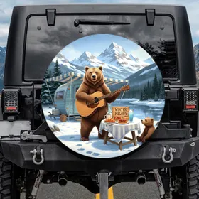 Brown Bear Guitarist Camper Snow Mountains - Camping Lifestyle Gift Spare Tire Cover