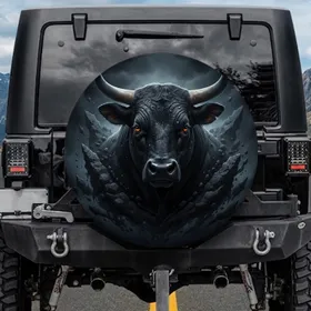 Black Bull Head Strength Symbol - Wildlife Lover Gift Spare Tire Cover