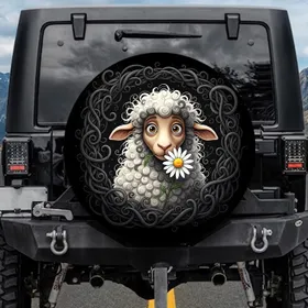 Bewildered Curly Sheep Creature Daisy Flower - Everyday Home Decor Gift for Animal Lovers Spare Tire Cover
