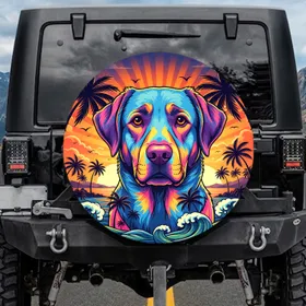 High Contrast Labrador Tropical Ocean Sunset Beach - Dog Lover Travel Gift Spare Tire Cover