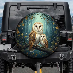 Barn Owls Family Gnarled Branch Enchanted Twilight Forest - Wildlife Lover Gift Spare Tire Cover