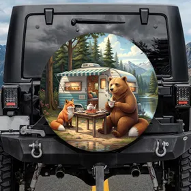 Bear Fox Camper Teatime - Road Trip Essentials for Wildlife Lovers Spare Tire Cover