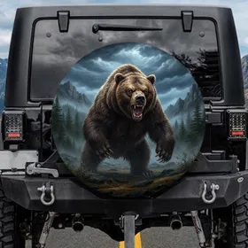 Powerful Grizzly Bear Snarling Bared Teeth Craggy Rocks Forest Storm - Wildlife Lover Gift Spare Tire Cover