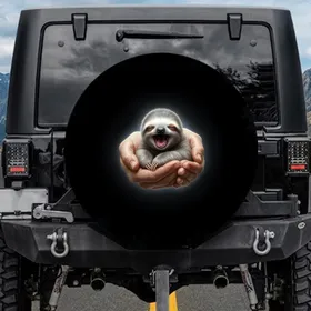 Baby Sloth Yawning Snuggled Hands Deep Forest - Wildlife Lover Gift Spare Tire Cover