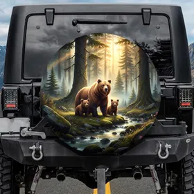 Mother Bear Cubs Forest Clearing Evergreen Trees Stream - Wildlife Lover Gift Spare Tire Cover