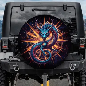 Electric Blue Turquoise Dragon Orange Magenta Scales Compass Rose - Fantasy Lover Gift Spare Tire Cover