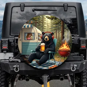 Black Bear Headphone Beer Camper Grill - Backyard BBQ & Camping Lover Gift Spare Tire Cover