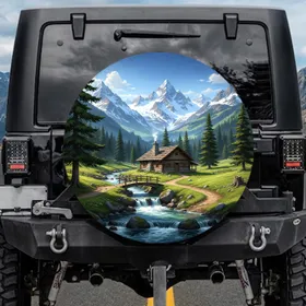 Log Cabin Mountain Stream Waterfalls Alpine Peaks - Outdoor Adventure Enthusiast Gift Spare Tire Cover