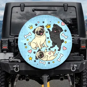 Fawn Black Pugs Playful Poses White Bones Pink Hearts Yellow Stars Golden Crowns - Pug Lover Gift Spare Tire Cover