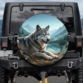 Vigilant Gray Wolf Alpine Lake Mountain Autumn Forest - Wildlife Lover Gift Spare Tire Cover