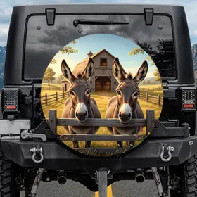 Curious Donkeys Wooden Fence Barn Farm Landscape - Farmhouse Decor Gift for Donkey Lover Spare Tire Cover