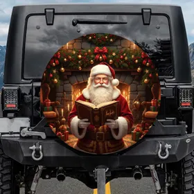 Santa Claus Antique Book Fireplace Mantel Presents - Christmas Decor Gift Spare Tire Cover