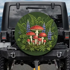 Vibrant Red Mushroom Cluster Forest Ferns Blue Lupine Flowers - Woodland Decor Gift Spare Tire Cover