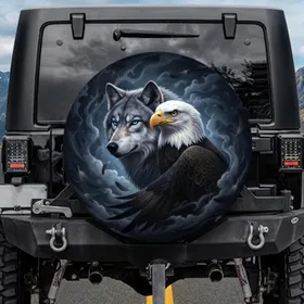 Grey Wolf Bald Eagle Stormy Mist - Wildlife Lover Gift Spare Tire Cover
