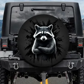 Confident Raccoon Crossed Arms Black Mask White Grey Fur Forest - Wildlife Lover Gift Spare Tire Cover
