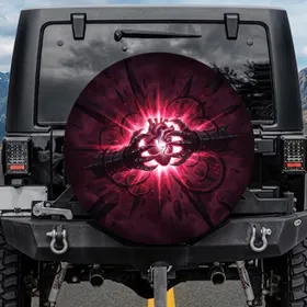 Armored Hands Gripping Glowing Heart - Dark Fantasy Vehicle Decor Gift Spare Tire Cover