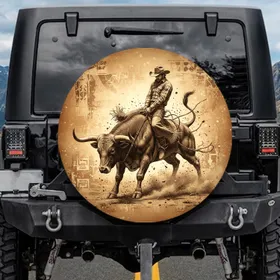 Dust Clouds Western Frontier Cowboy Bucking Bull Rodeo Fan Gift Spare Tire Cover