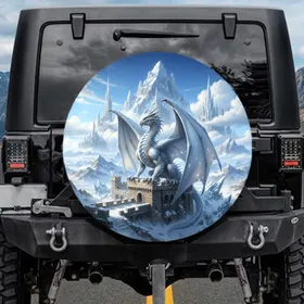 Majestic Icy Blue Dragon Ancient Snow Castle Winter Wonderland - Fantasy Lover Gift Spare Tire Cover
