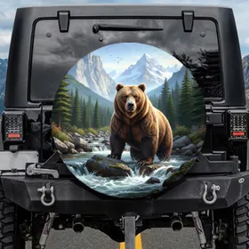 Majestic Grizzly Bear Mountain Scene - Wildlife Lover Gift Spare Tire Cover