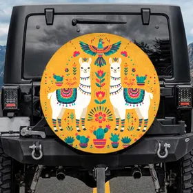 Folk Art Blanket Llamas Bird Potted Cacti Flowers - Boho Home Decor Gift for Wildlife Lover Spare Tire Cover