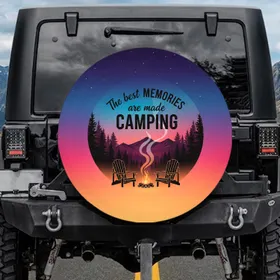 Campfire Adirondack Chairs Pine Trees Twilight Sky - Camping Lifestyle Gift for Campers Spare Tire Cover