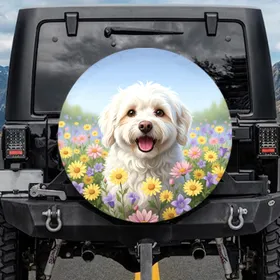 Fluffy White Dog Daisy Chrysanthemum Blossom Field - Dog Lover Gift Spare Tire Cover