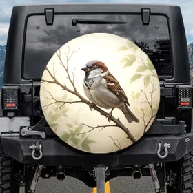House Sparrow Perched Branch Outdoor Scene Wildlife Lover Gift for Bird Watcher Spare Tire Cover