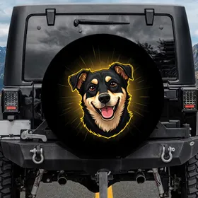 Black Tan Brown Eyed Dog Portrait Pink Tongue Yellow Outline - Dog Lover Vehicle Accessory Gift Spare Tire Cover