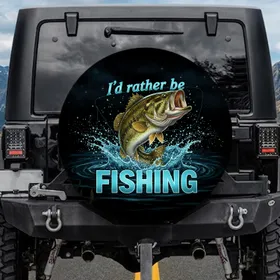 Bass Fish I'd Rather Be Fishing Text - Fishing Lover Gift for Anglers Spare Tire Cover