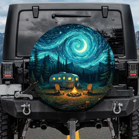 Vintage Camper Campfire Night Sky - Outdoor Lover Gift for Camper Lover Spare Tire Cover
