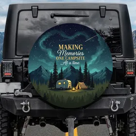 Retro Travel Trailer Campsite Starry Mountain Night Scene Outdoor Adventure Gift for Campers Spare Tire Cover