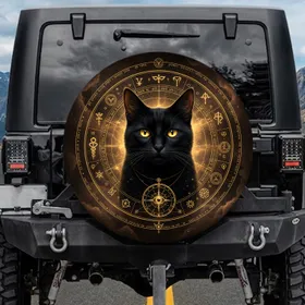 Black Cat Golden Astrological Alchemical Cosmic Nebula Esoteric Home Decor Gift Spare Tire Cover