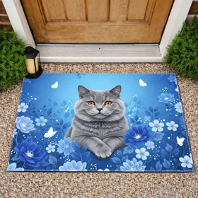 Grey British Shorthair Cat Blue Flowers Butterflies - Cat Lover Home Decor Gift Doormat