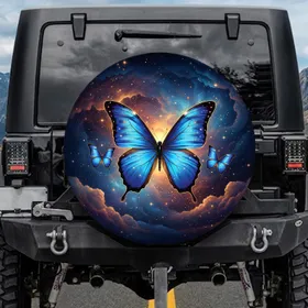Majestic Blue Morpho Butterflies Cosmic Nebula Stars - Wildlife Lover Gift Spare Tire Cover