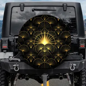 Deep Black Symmetric Interconnected Art Deco Golden Fan Cluster - Outdoor Auto Accessory Spare Tire Cover