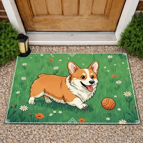 Playful Corgi Ball Wildflowers Grassy Field - Home Decor Gift for Dog Lover Doormat