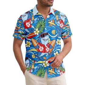 Cartoon Sharks Plumeria Palm Surfboards Ocean Waves - Beach Vacation Gift Hawaiian Shirt