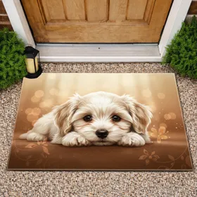 Maltese Bichon Puppy Lying Down Head On Paws Bokeh Lights - Pet Lover Home Decor Gift Dog Owners Doormat