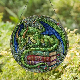 Majestic Green Dragon Coiled on Ancient Books with Floral Vines - Home Decor Gift for Dragon Lovers Stained Glass Suncatcher