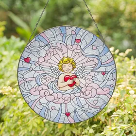 Winged Cupid Holding Red Heart Silver Arrow - Love Home Decor Gift for Couples Stained Glass Suncatcher