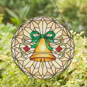 Christmas Bell Emerald Bow Red Berries Starburst Leafy Tendrils Clapper - Christmas Gift Stained Glass Suncatcher