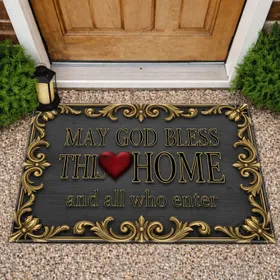God Bless This Home Heart Carved Wood Fleur-de-lis - Home Decor Gift Doormat