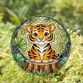 Baby Tiger Jungle Foliage Bamboo - Wildlife Home Decor Gift Stained Glass Suncatcher