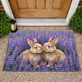 Nuzzling Baby Rabbits Lush Lavender Field Flowers - Wildlife Lover Home Decor Gift Doormat