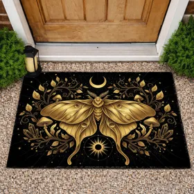 Metallic Gold Moth Crescent Moon Sunburst Golden Botanicals Crystals - Home Decor Gift Doormat