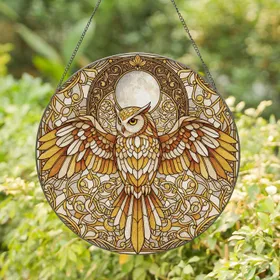 Majestic Owl Full Moon Gilded Archway - Home Decor Gift for Wildlife Lovers Stained Glass Suncatcher