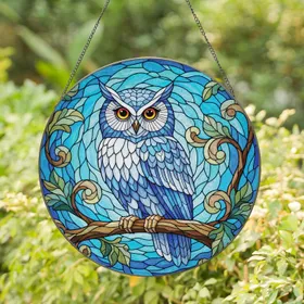 Majestic Owl Gnarled Branch Blue Leaves - Home Decor Gift for Wildlife Lover Stained Glass Suncatcher